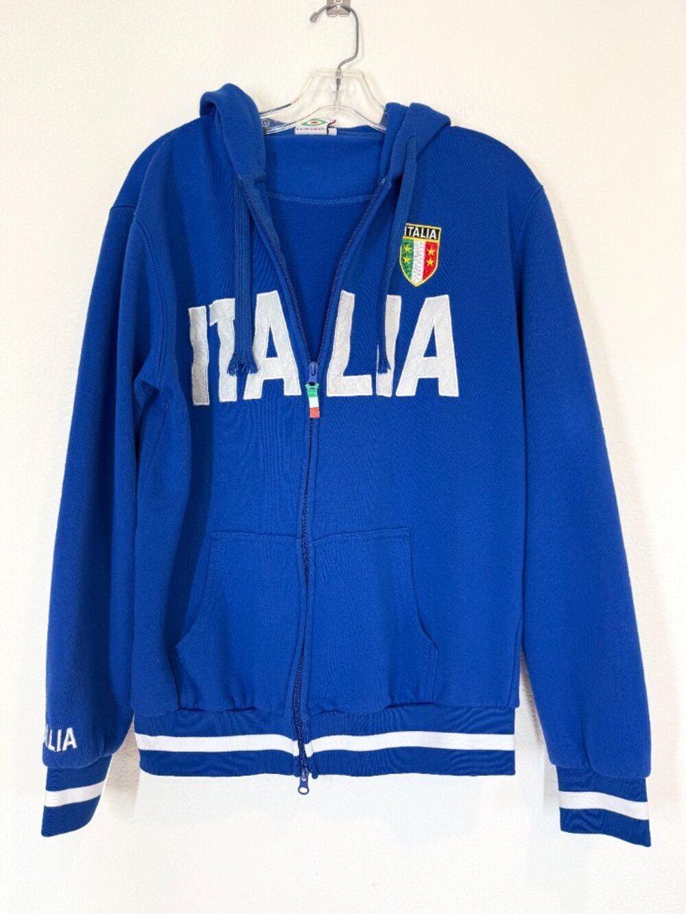 Italy Italia Jacket Hoodie Medium Long Sleeves Full Zip Soccer Blue Embroidered